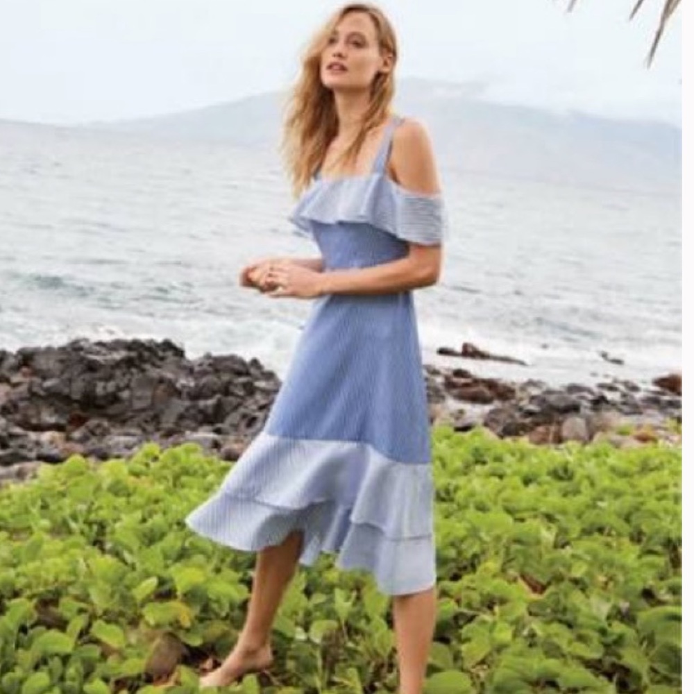 J. Crew COLLECTION Blue Striped Silk Cold Shoulder